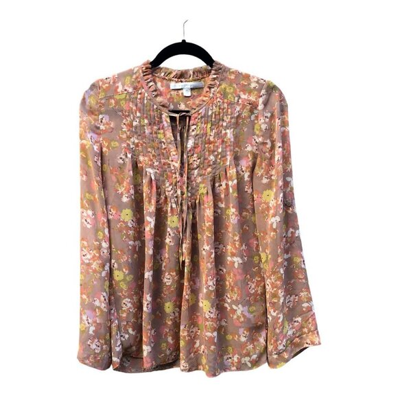 LC Lauren Conrad Abstract Floral Tie Neck Tuxedo Sheer Popover Blouse Size XS - Picture 2 of 6